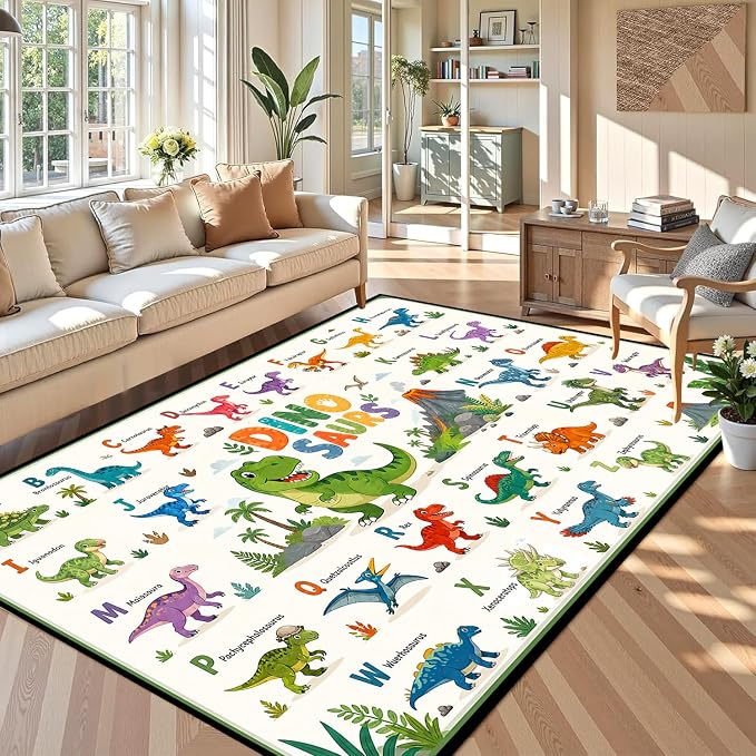 6'x9' Dinosaur Area Rug ABC Alphabet Educational Rugs for Bedroom Living Room Nursery Kitchen Playroom Home Decor Washable Cute Cartoon Dinosaur Floor Mat Carpet