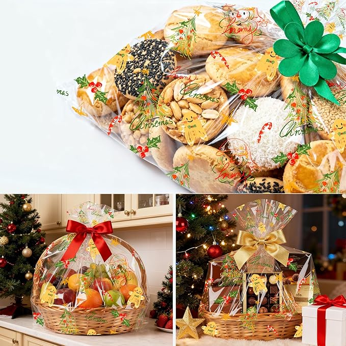 SYOGUA Clear Cellophane Wrap with Christmas Designs, 100 Ft x 34 In Extra Wide Cellophane Roll Christmas Cellophane Paper for Gifts, Baskets, Treats, Candies, Favors, Decoration