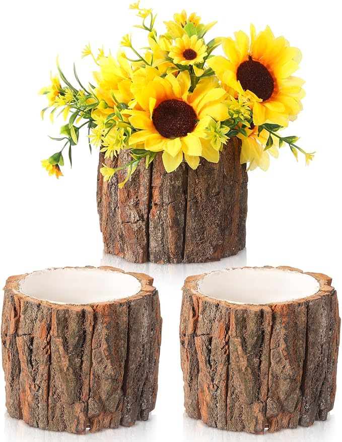 3 Pcs Wooden Vase for Centerpieces Christmas Table Decor Wooden Flower Vase Rustic Bark Stump Buckets Vintage Wood Planter Pots for Xmas Woodland Party Wedding Window Home Farmhouse (Large)