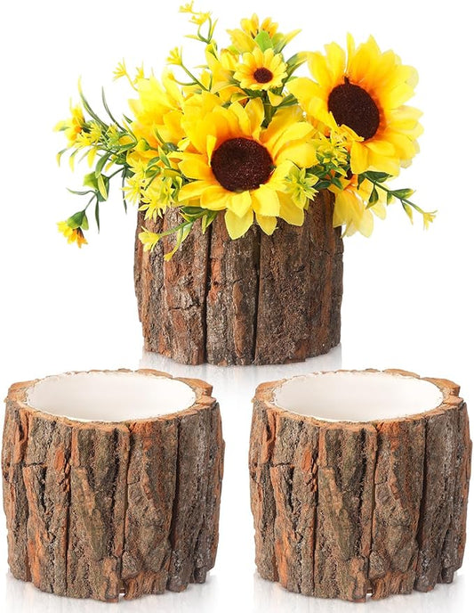 3 Pcs Wooden Vase for Centerpieces Christmas Table Decor Wooden Flower Vase Rustic Bark Stump Buckets Vintage Wood Planter Pots for Xmas Woodland Party Wedding Window Home Farmhouse (Large)