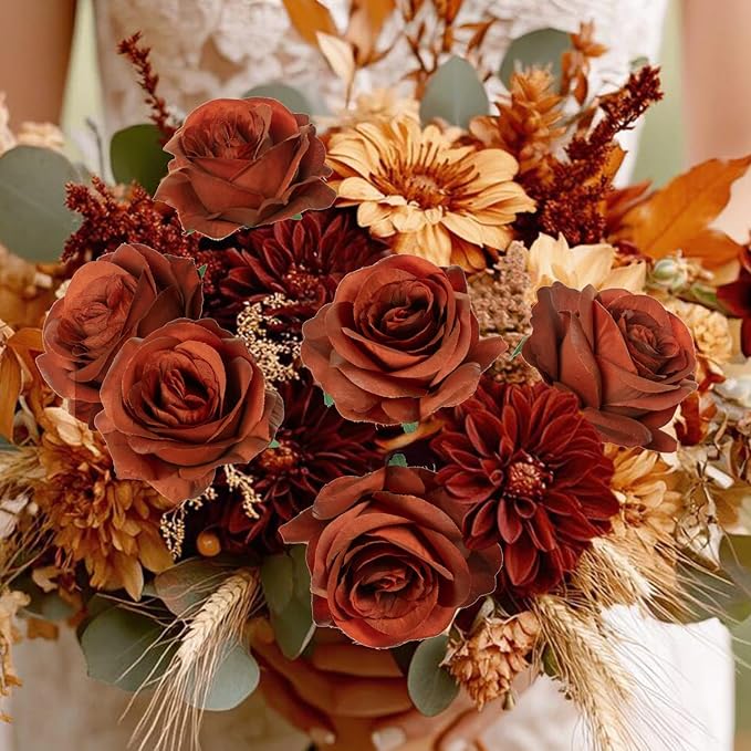 50pcs Artificial Roses Flowers in Bulk,Realistic Silk Fake Rose with Long Stem for Wedding Centerpieces Bouquet Party Floral Arrangement Home Decoration (Burnt Orange)
