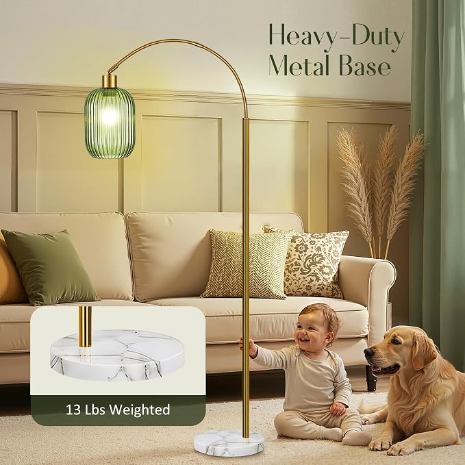 COTTHOS Floor Lamp for Living Room, Modern Gold Lamp with Ribbed Glass Lampshade Marble Base, 68” Glass Tall Lamp with Remote Control and Pedal Switch for Bedroom (6000K LED Bulb Included)
