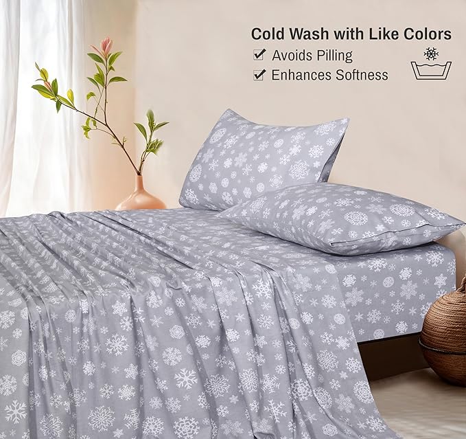 RUVANTI Flannel Sheets Queen Size - 100% Cotton Double Brushed Bed Sheets, Deep Pockets 16 Inches Queen Sheet Set, All Seasons Breathable & Extra Soft - Warm & Cozy, 4 Piece, Snowflakes