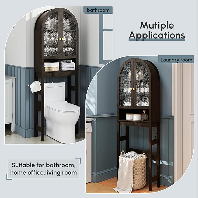 HMstone Over The Toilet Storage Cabinet, Arched Bathroom Organizer and Storage with Acrylic Doors and Adjustable Shelf, Space Saver Freestanding Bathroom Modern Storage Cabinet Over Toilet Dark Brown
