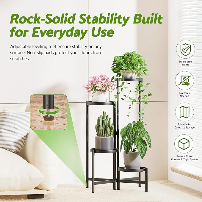 Tiered Plant Stand Indoor for Multiple Large Planter, 4 Tier Metal Corner Plant Stands Outdoor, Heavy Duty Planter Pot Holder Flower Stand, Floding Tall Display Racks for Patio Balcony Porch