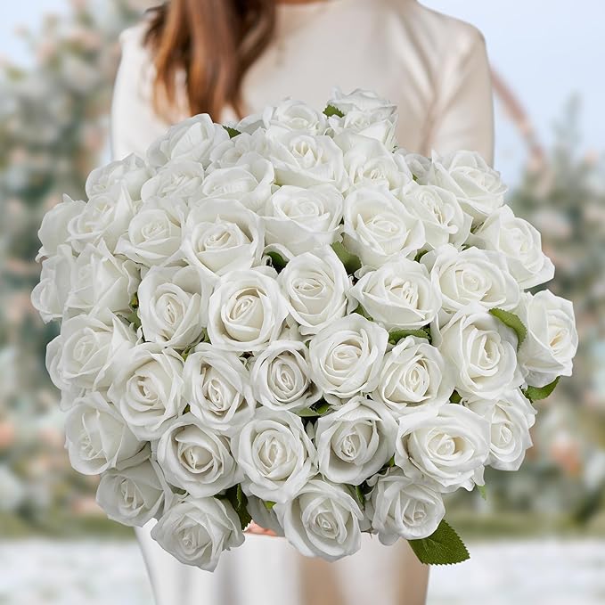 Fake Plants Roses Flowers Plastic Flowers Spring Decorations for Home Gifts for Gf Roses Artificial Flowers for Vase Fake Flowers Home Decor 19.6”(50PCS White)