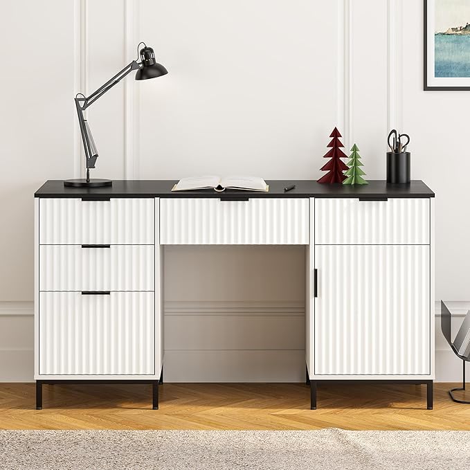 55" Fluted Executive Desk, Modern Wood Home Office Desk with Charging Station, Keyboard Tray, File Drawer, Storage Cabinet for Work Study Writing Desk, White and Black