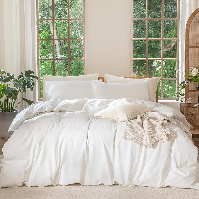 MooMee Bedding Duvet Cover Set 100% Washed Cotton Linen Like Textured Breathable Durable Soft Comfy (Solid Off White, Full 80"x90")