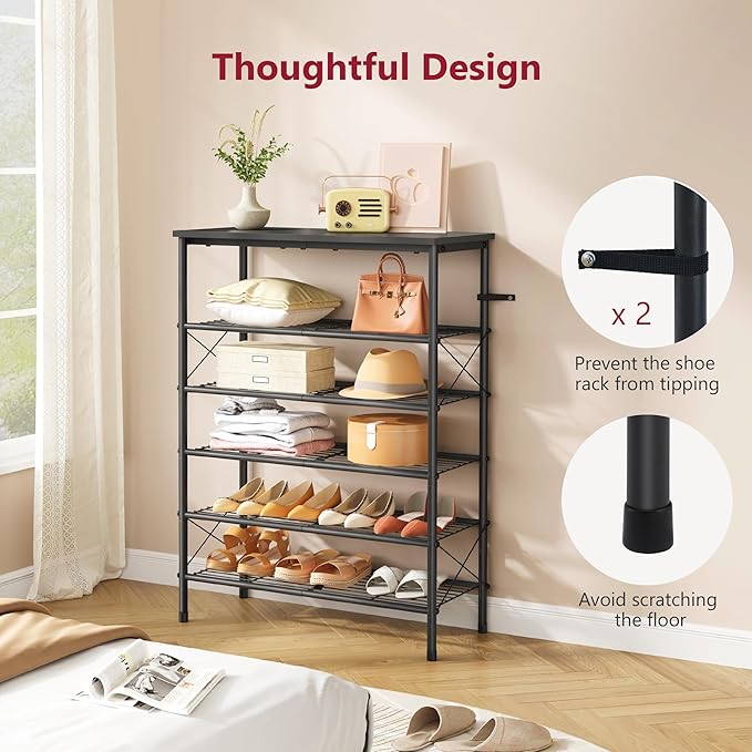 Tajsoon 6 Tier Shoe Rack Organizer for 20-24 Pairs of Shoes, Metal Mesh Shoe Shelf for Closet, Industrial Shoe Rack for Entryway Shoe Storage with X Shape Fixed Frame, Black