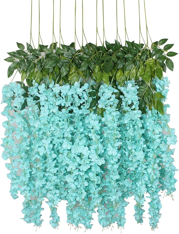 Duovlo 12 Piece Artificial Silk Wisteria Vine 3.6 Feet Hanging Flower Garland String Home Party Wedding Decor (Lake Blue)