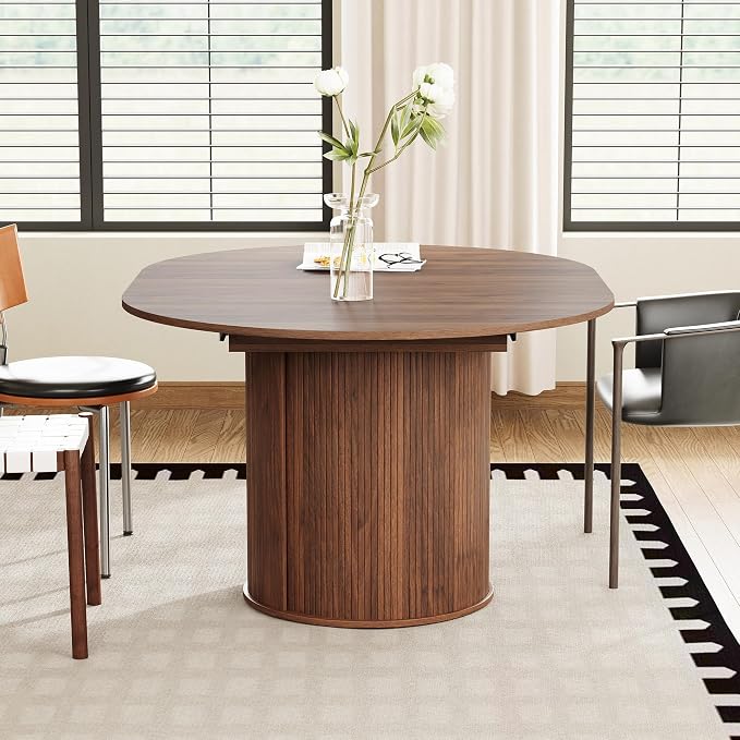 weselon 43"-59" Extendable Round to Oval Dining Table with Hidden Storage, Modern Wooden Kitchen Table with Fluted Sliding Door Cabinet, Expandable Dinner Table for Dining Room Living Room (Walnut)