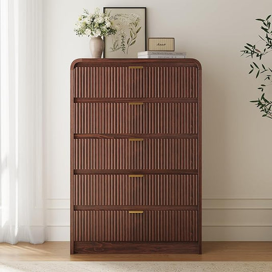 FURSUN Fluted 5 Drawers Dresser for Bedroom, 48" Tall Wooden Modern Dresser with Metal Handle, Curved Profile Design, Storage Organizer for Living Room, Hallway（Dark Walnut）