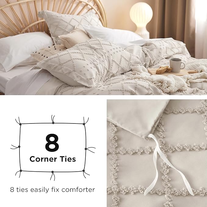 Bedsure Boho Duvet Cover Full Size - Beige Breathable & Soft Boho Bedding, Machine Washable Comforter Cover for All Seasons, Includes 1 Duvet Cover 80"x90" with 2 Pillow Shams & Zipper Closure