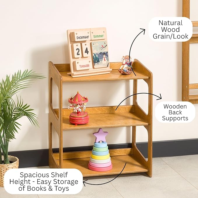 Montessori Bookshelf for Toddlers Solid Wood Toy Storage Shelf Organizer for Playroom and Classroom Floor Bookshelf for Kids Room (Oak, 3-Shelves)