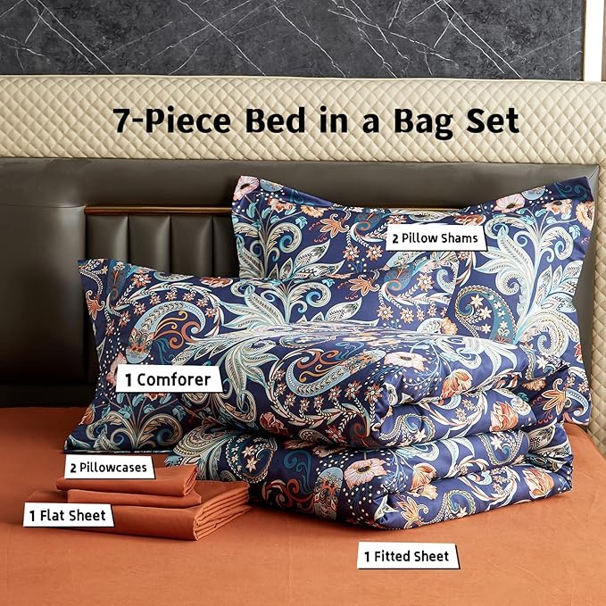 7 Piece Paisley Flower Comforter Bed in a Bag Set King Size Luxury Dark Blue Vintage Floral Boho Medallion Comforter Set Soft & Breathable Microfiber Bedding Set for Woman Adults