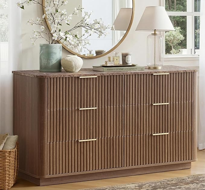 win2win 6 Drawer Dresser, Mid Century Modern Dresser with Storage, 47" Wide Fluted Chest of Drawers with Faux Marble Top, Dressers TV Stand, Drawers Organizer for Bedroom, Living Room, Hallway, Walnut