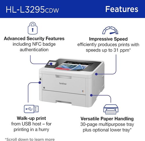 Brother HL-L3295CDW Wireless Color Laser Printer - Compact Design, Duplex Printing & NFC | 2-Month Refresh Trial Included