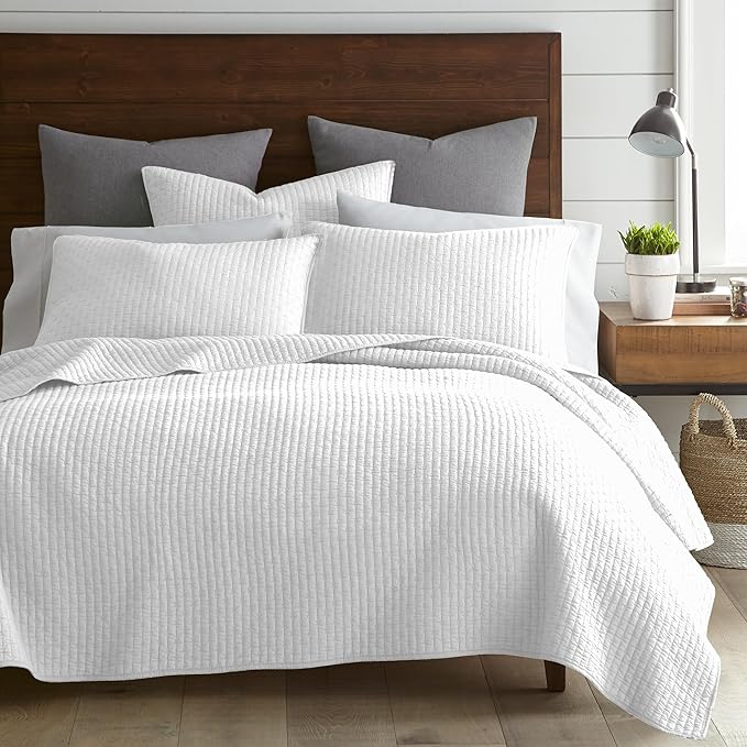 Levtex Home Cross Stitch Reversible King/Cal King Quilt Set (106x92in) and 2 Pillow Shams (36x20in) - Stitch Texture - Bright White - Cotton King Size Quilt Bedding Set - Lightweight Soft Pre-Washed