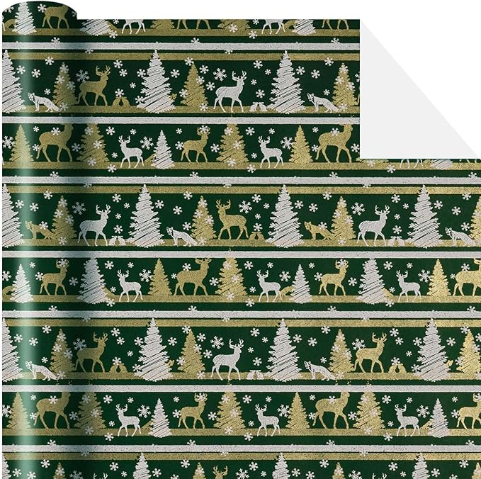 Yarcony Kraft Christmas Wrapping Paper, Green Wrapping Paper, Luxury Faux Sparkle Christmas Trees Reindeer Snowflake Heavy Duty Kraft Gift Wrap for Holidays, Winter Solstice (17 Inch X 33 Feet)