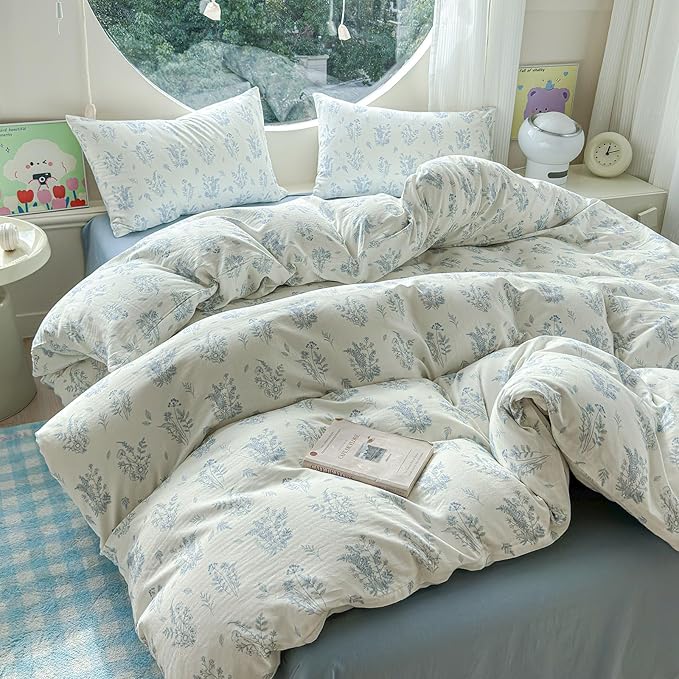 LifeTB Muslin Duvet Cover Set Twin Vintage Botanical Floral Duvet Cover 100% Cotton Linen Feel Flower Bedding Set Super Soft Gauze Comforter Cover Breathable Lightweight Cottagecore Bedding Set
