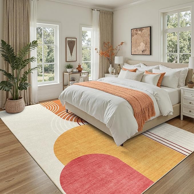 DCX Abstract Machine Washable 6x9 Rug, Mid Century Modern Rug for Living Room, Soft Low Pile Non Slip Carpet, Kid & Pet Friendly Stain Resistant Rug for Bedroom Dining Room Office, Orange & Yellow