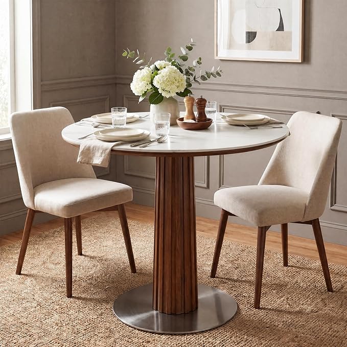 Round Dining Table, 31.5" Solid Wood Dinner Table with Thickened Top & Steel Pedestal, Mid Century Modern Bistro Table for Kitchen, Small Space, Living Room, Cafe, White & Walnut -Style B