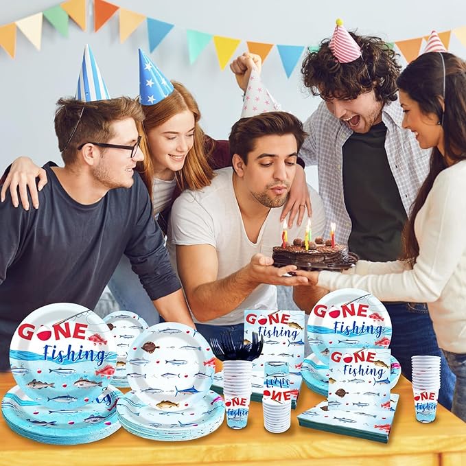 Gone Fishing Birthday Party Plates and Napkins Decorations Kit, Ofishally One Fisherman Tableware Supplies for Birthday Little Fisherman Favors Party Decor Service 24 Guests