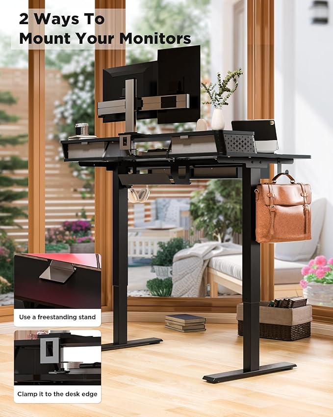 FiCiHi Adjustable Height Standing Desk with 4 Drawers,48 x 24 inches Electric Sit Stand Home Office Desk with Two Tiers, 3 Memory Presets, Monitor Stand Riser, C-Clamp Mount Compatible