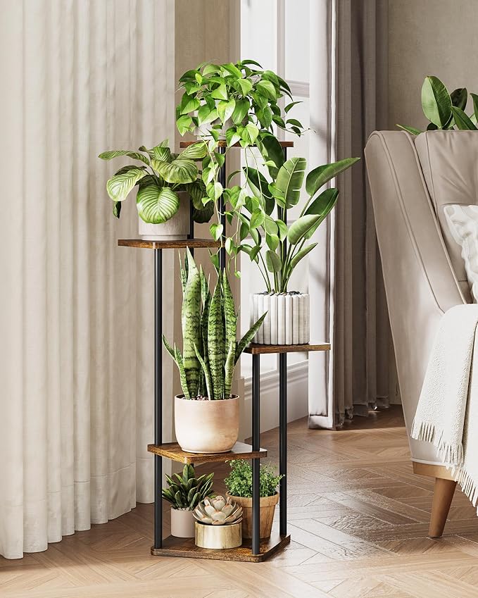 GENTINGBRO Tall Plant Stand Indoor 5 Tiered Plant Shelf for Multiple Plants Coner Shelf Stand Wood Plant Stand Metal Shelving for Living Room Bedroom Balcony Patio Brown Oak