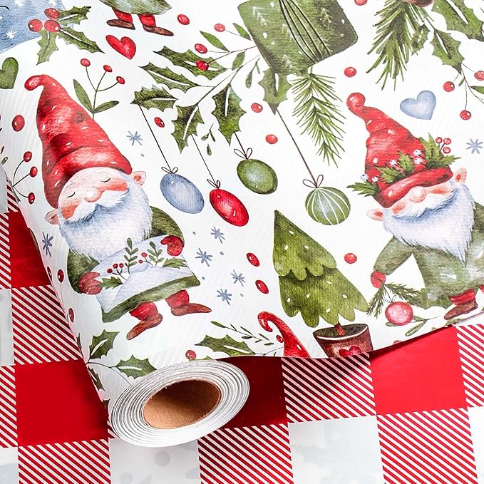 MAYPLUSS Christmas Wrapping Paper Roll - 17IN X 33FT - Gift Wrapping Paper Featuring Santa Claus Christmas Ballon Reversible Plaid for Kids, Holiday, New Year