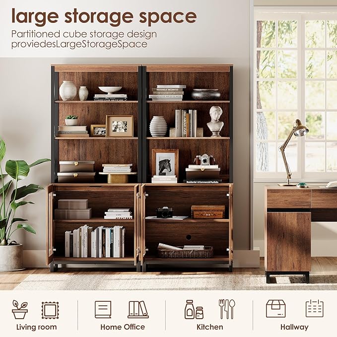 WAMPAT 3 PCS Modern 72" Tall Bookcases with Glass Doors and Adjustable Shelves, Library Book Shelf with Storage Cabinet and Open Book Shelfs, Wood Bookshelves for Home Office, Living Room, Brown