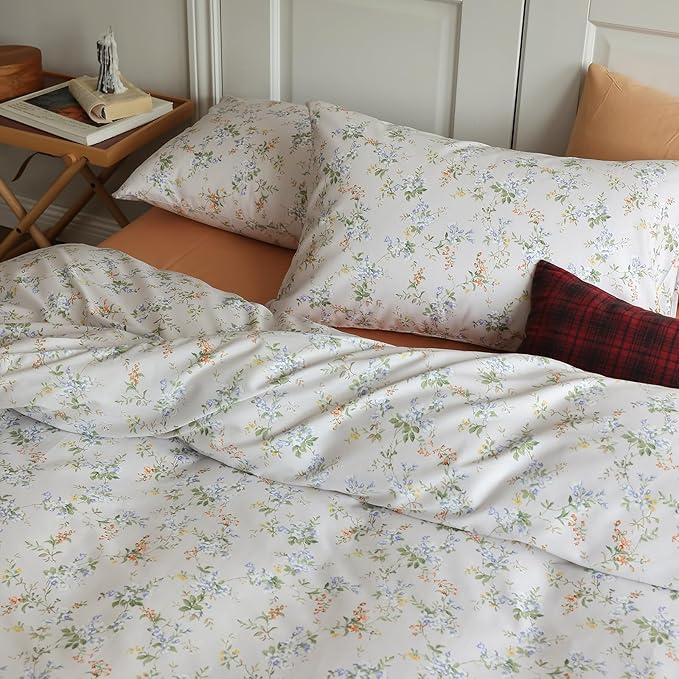 EAVD Vintage Style Garden Botanical Floral Duvet Cover Twin Girl Soft Cotton Chic Floral Botanical Bedding Set with 2 Pillowcases Fresh Reversible Botanical Duvet Cover with Zipper Closure