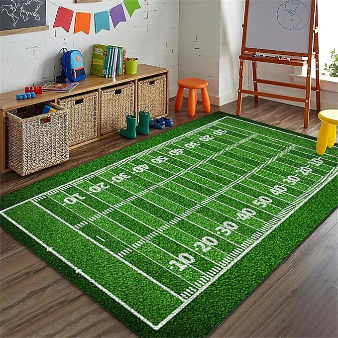 Green Football Field Area Rug, Sports Enthusiast Football Fan Non Slip Throw Rug, Machine Washable Durable Carpet for Indoor Bedroom Living Room Office Decor Rug - 4 ft x 5 ft