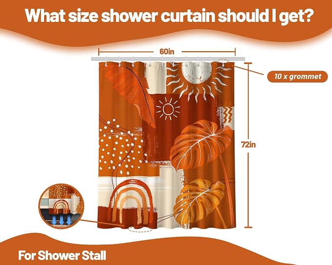 Burnt Orange Mid Century Modern Shower Curtain Boho Abstract Leaf Shower Curtains for Bathroom Decor Sets, Waterproof Cloth Fabric with Hooks, 60x72 Inch