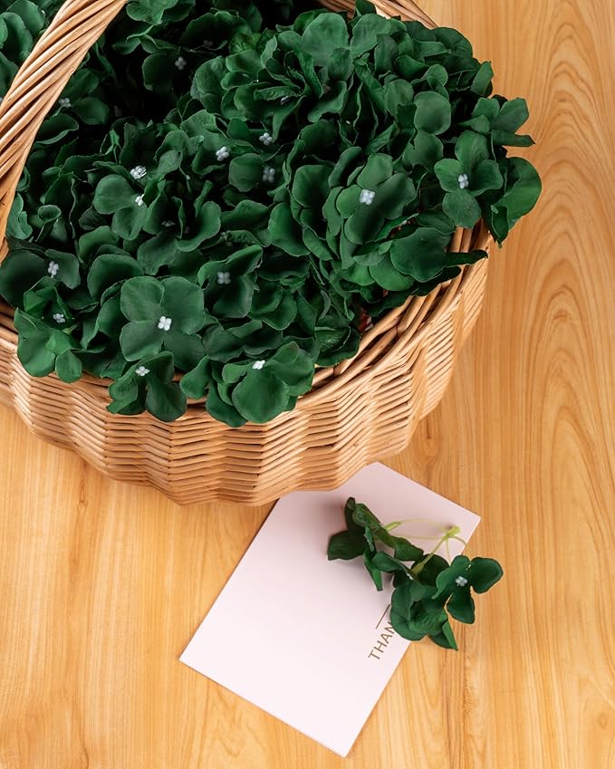 DuHouse 8.7" Silk Hydrangea Flower Heads with Stems Fake Hydrangeas Flowers for DIY Wedding Centerpiece Home Decor,Pack of 6(Dark Green)