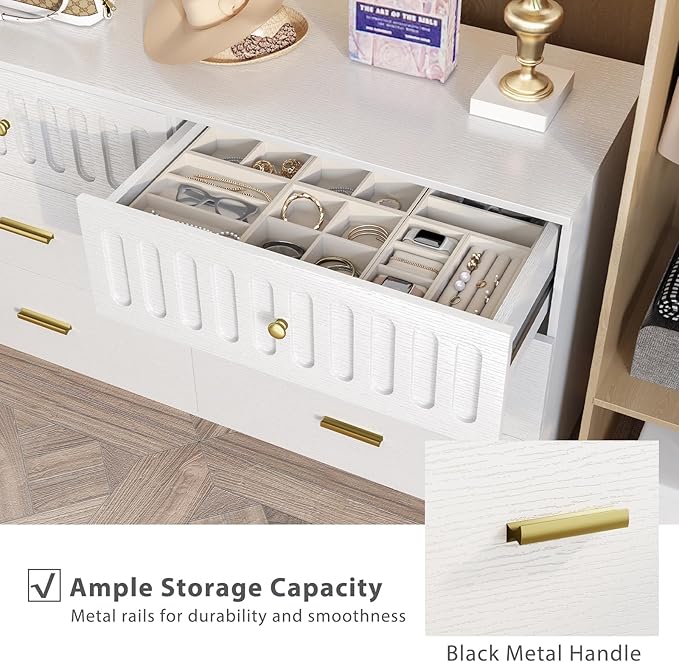 IBF Modern 6 Drawer Dresser for Bedroom, Fluted White and Gold Chest of Drawers for Kid Adult Closet, Large Wood Clothes Storage Dresser with Anti-Tipping Device for Living Room Hallway, White Oak