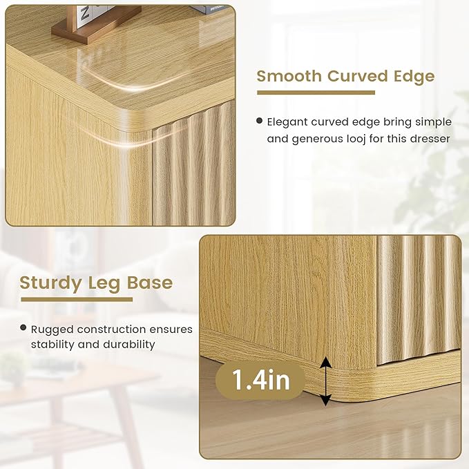 8 Drawer Dresser, Modern Fluted Dressers & Chest of Drawers for Bedroom, 48" Wide Dresser TV Stand with Deep Drawer, Curved Wood Organizer for Bedroom, Living Room, Hallway, Natural