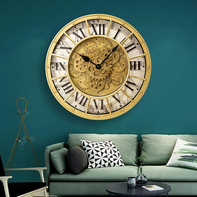 18 Inch Large Gear Clock with Realistic Moving Gears Industrial-Style Steampunk Wall Decor Clock Ideal for Living Rooms, Home Offices, Factories, Bedrooms, Warehouses, and Cabins (Gold White, 18 inch)