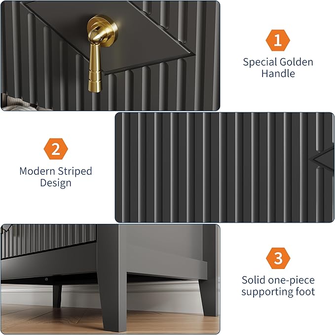 GarveeHome Wood Nightstand Fluted Dresser for Bedroom, 27.5" Wide 3-Drawer Bedside Tables, Modern Chest of Drawers, Storage End Table Living Room, Hallway, Entryway, Black