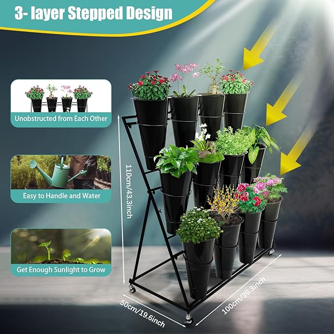 Flower Display Stand with 12 Buckets, 3 Layer Metal Plant Stand Indoor with Wheels, Heavy Duty Moving Flower Cart Flower Rack for Outdoor Patio, Garden, Florist