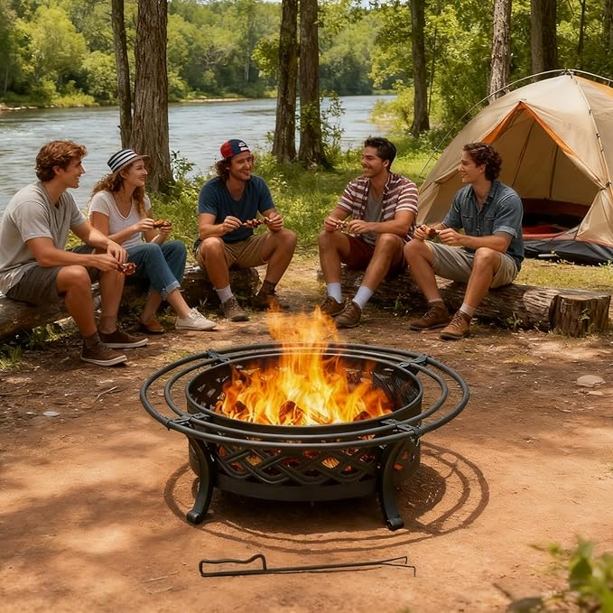 Panovue 42 Inch Outdoor Fire Pit with 2 Loops,Crossweave Wood Burning Fire Pits for Outside,with Spark Screen,Fire Poker,Round Metal Firepit for Patio,Backyard,Beach,Camping,Bonfire(42''Black)