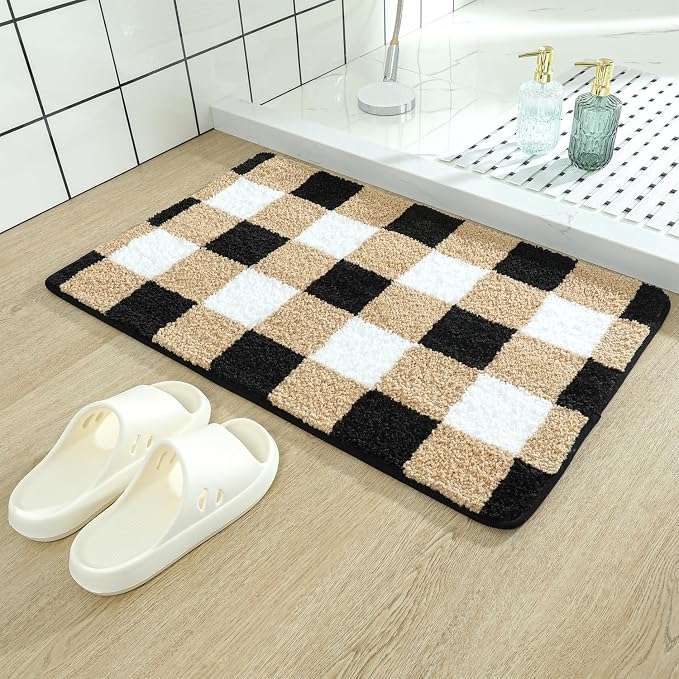Checkered Bath Mat - Super Absorbent, Soft and Thick, Rubber Backing Non-Slip, Machine Washable Shower Rug, Bath Mat, Bathroom Home Decor Accessories, 20"x31" (50x80cm), Brown