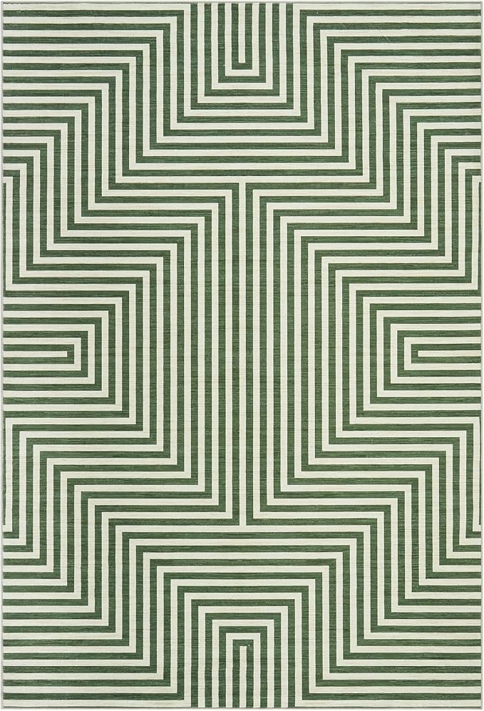6x9 Washable Area Rugs for Living Room Modern Geometric Rug Non Slip Abstract Lines Soft Bedroom Carpet Low Pile Floor Mats for Bedroom Dining Home Office, Green