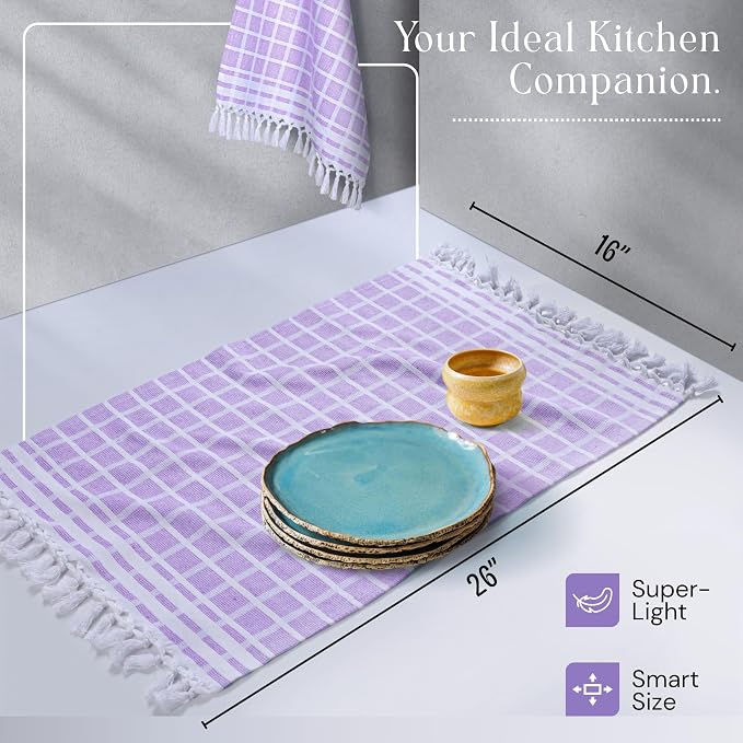 Matrix Dobby Kitchen Towels 12 Pack, 16x26 Inches, 100% Cotton, Absorbent Reusable Dish Cloths with Handmade Tassels, Washable Hand Towels for Drying - Lavender, White