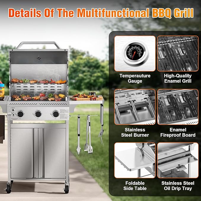 Electactic G31 Gas Grill, 3-Burner Gas Grill with Folding Side Tables,Stainless Steel 24,000 BTU BBQ Grill,Outdoor Propane Grill for Barbecue,Patio,Camping