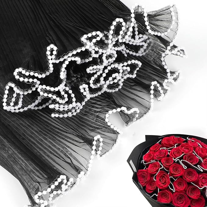 JXITON 4.37 Yards Black Flower Wrapping Mesh Paper, Pearl Edge Bouquet Packaging Paper Wrinkled Flower Bouquet Packing for Floral Arrangement Valentine's Day Mother's Day Wedding Florist Supplies