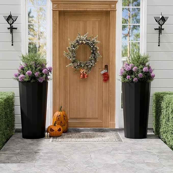 23.6" Tall Outdoor Planters Set of 2, Large Planters for Outdoor Plants for Porch Decor with Drainage Hole, Wide Stripe Design Porch Flower Pots for Indoor Pot Patio/Garden, Black