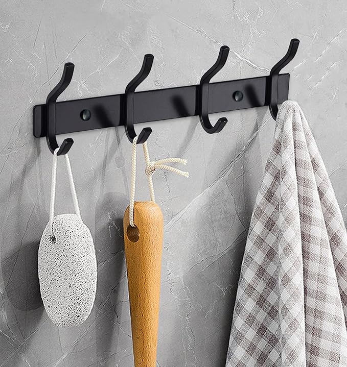 HAMUTH Black Wall Hooks, 12 Inch Coat Rack Wall Mount with 4 Hooks, Wall Hooks Heavy Duty for Hanging Backpack, Bag, Purse, Clothes, Hat, Coat, Towel | Entryway & Bathroom Storage Organization Hanger