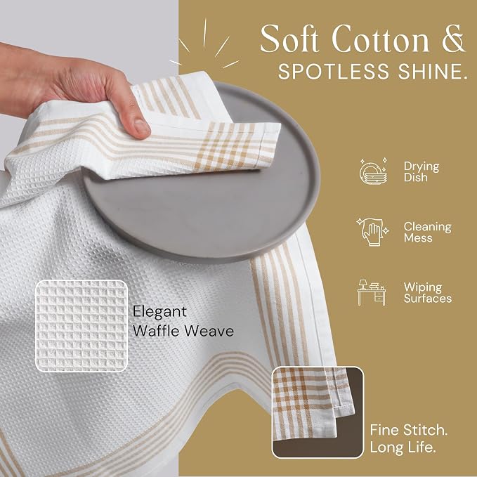 Waffle White & Beige Kitchen Dish Towels 4 Pack, 100% Cotton, 16x26 inches, Durable Dish Cloths Set, Quick Dry Kitchen Rags, Everyday Use Cooking and Cleaning Hand Towels, Bar Towel