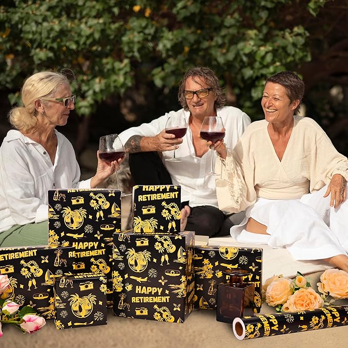 Altarho Retirement Wrapping Paper Roll for Womem Men - Happy Retirement Holiday Design Black Going Away Gift Wrap Sheets for Birthday Celebration Farewell Party Supplies Total 28.5sq.ft